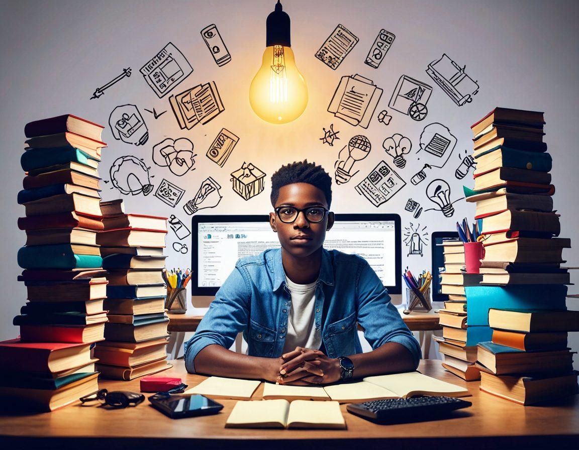 A person sitting at a cluttered desk, surrounded by books and digital devices, with a glowing light bulb above their head symbolizing ideas and potential. The background features a virtual classroom scene with diverse students engaging in online learning. Bright colors and dynamic elements to evoke a sense of creativity and motivation. super-realistic. vibrant colors. white background.