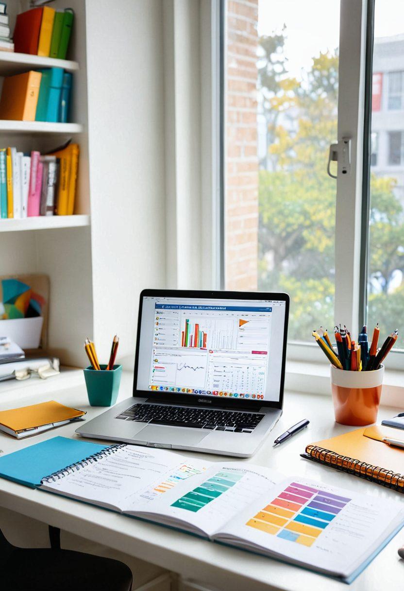 A visually engaging toolkit spread out on a desk, featuring open laptops displaying online courses, colorful course comparison charts, skill development books stacked neatly, and tools like a checklist and notebook. Include a bright window in the background with sunlight streaming in, symbolizing focus on education. super-realistic. vibrant colors. white background.